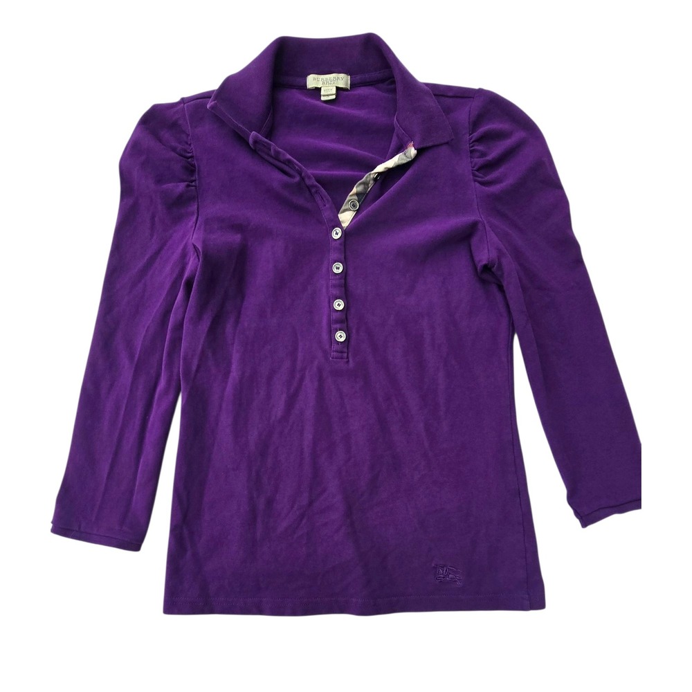 Burberry Brit Purple Velour Polo Shirt‎ Puff Sleeve Top Buttons Size S